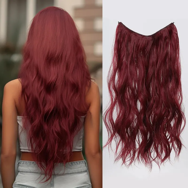 Invisible Wire Hair Extensions with Transparent Adjustable Size 2 Clips Long Wavy One Piece Hairpiece Golden Brown for Women