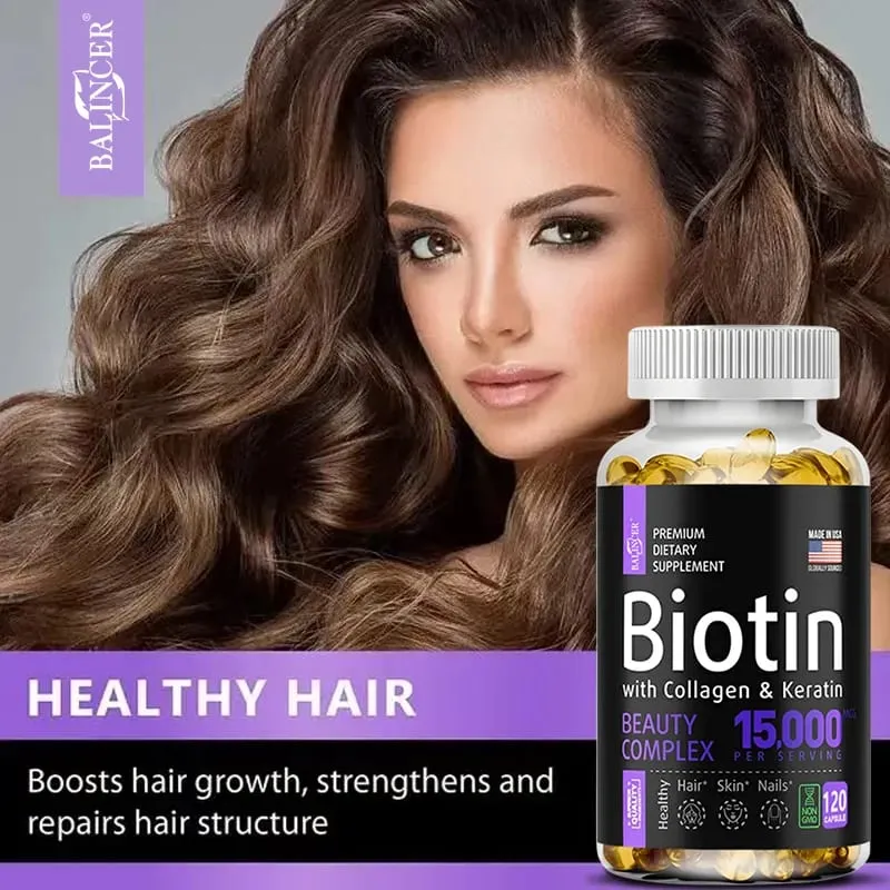 Biotin Supplement - 15 000 Mcg with Collagen and Keratin Vitamins Shiny Hair Skin and Nails Joint Health 30/60/120 Capsules — image 3