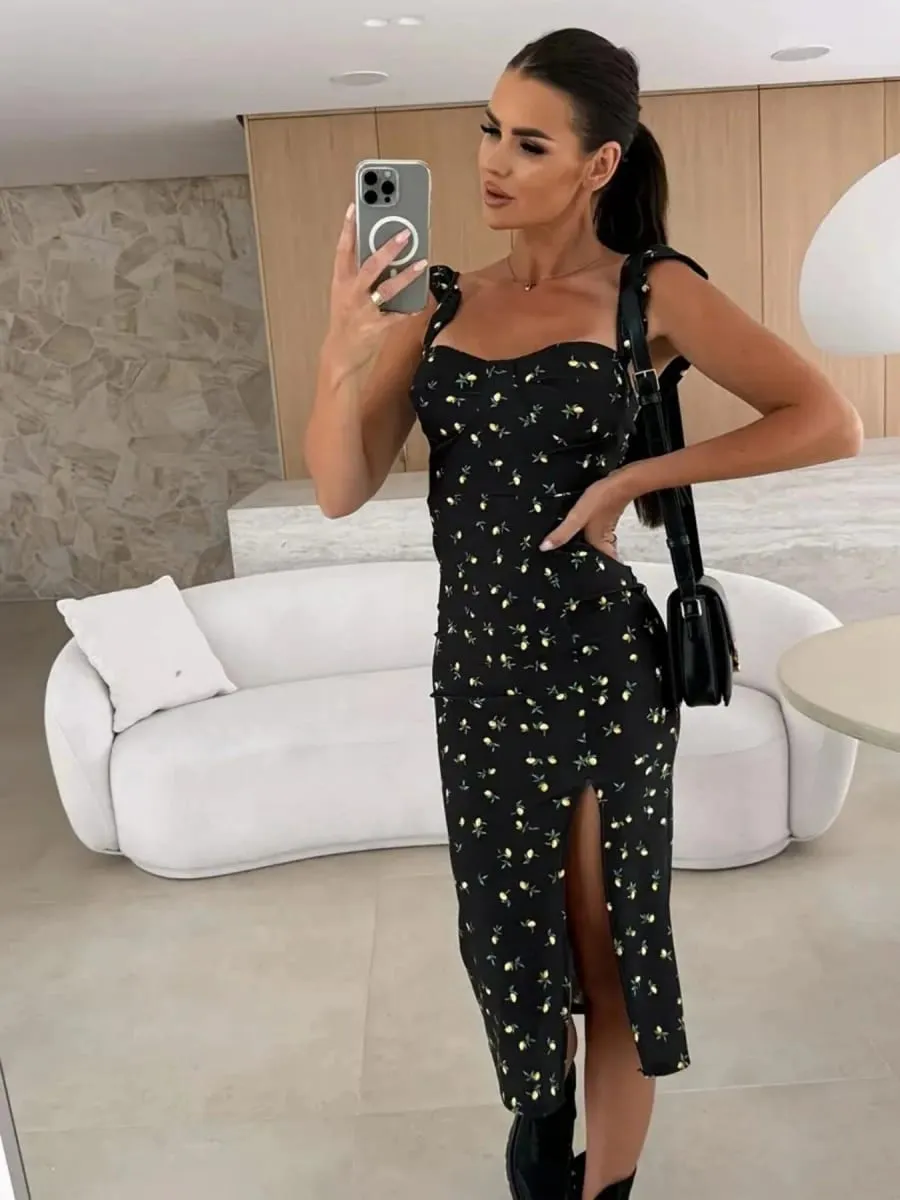 New European and American Summer Elegant Design Printed Suspender Slit Midi-Length Ladies Dress — image 5
