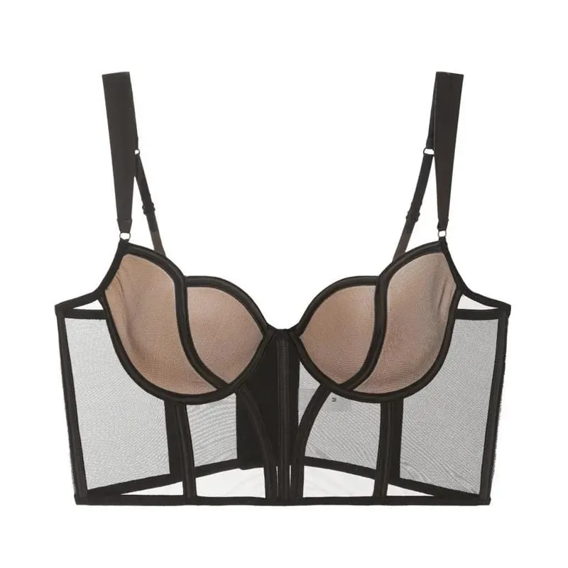 French Long Fishbone Mesh Patchwork Bra Set Slim Shaping Chest Lift Up Sexy Lingerie Outfit Soft Comfortable Underwear S-XL Suit