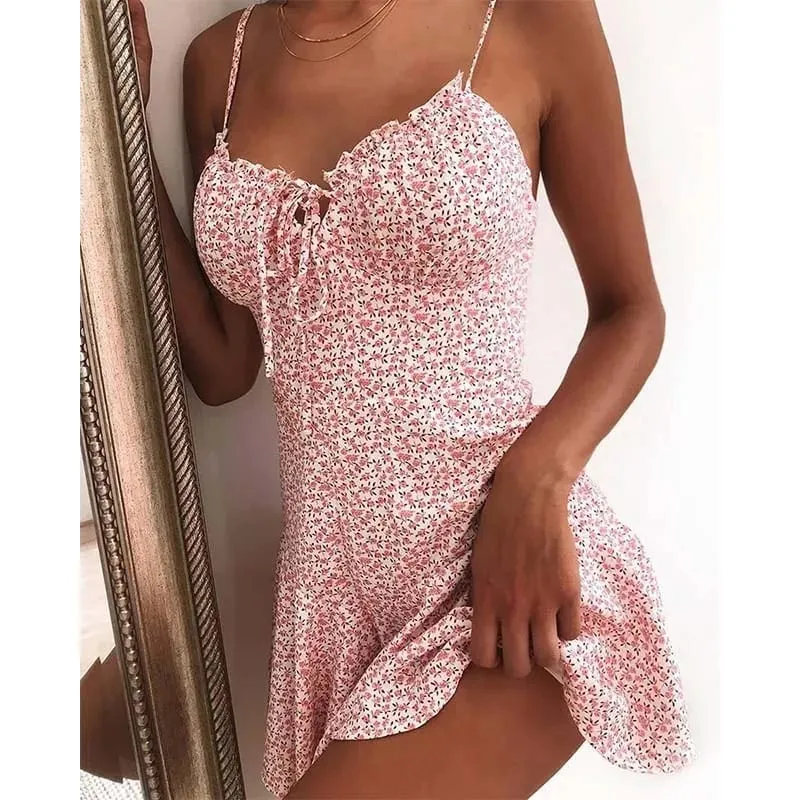 Floral Print A Line Mini Dresses Sexy Lady Dating Camisole Strapless Backless Dress Boho Solid Beach Clothing — image 2