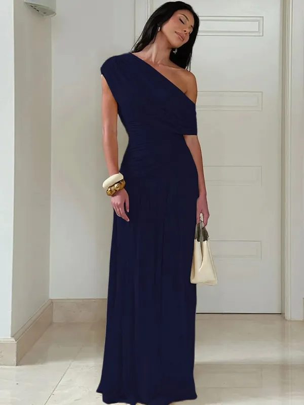 Hugcitar One Shoulder Ruched Sleeveless Solid Pleated Sexy Irregular Y2K Maxi Dress Summer Elegant Party Women Clothes Vacation — image 9