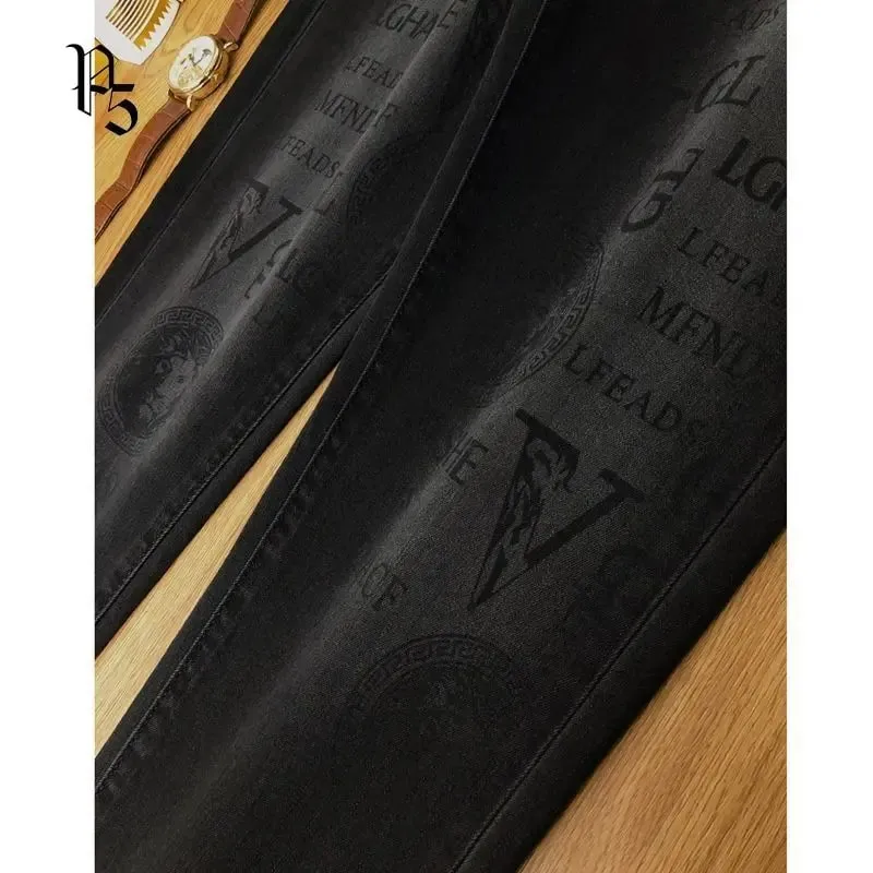 Spring and Autumn Korean Slim Jeans for Men 2025 High-end Luxury Clothing Black Printing Mid-waist Stretch Casual Pencil Pants — image 5