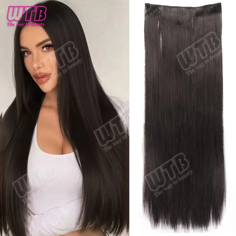WTB Synthetic 100cm 5 Clip In Hair Extension Heat Resistant Long Straight Black Fake Hairpiece for Women Natural Fake Hair 5 Siz