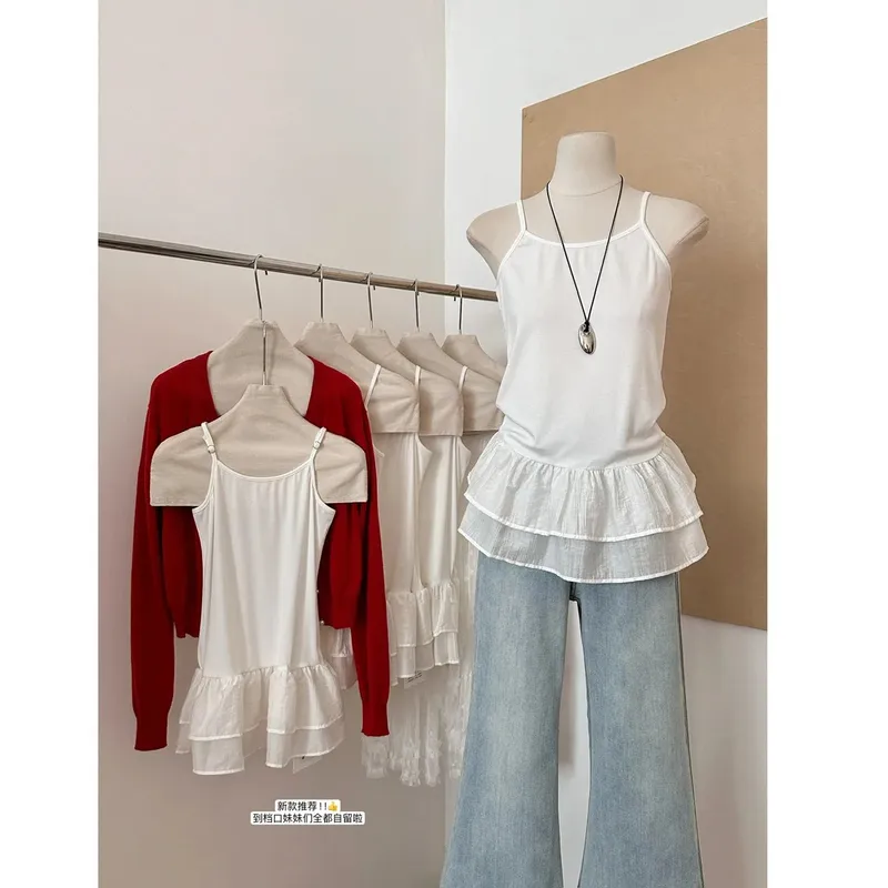 White Camisole Top for Women with Ruffle Double-layer Skirt Women Sleeveless Tank Top Splicing Slimming Strapless Base Vest Tee — image 2