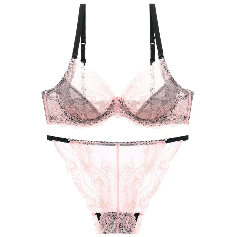 French Ultra Thin Underwear Set Sexy Lace Breathable Bra Set Women Comfortable Soft Intimates Lingerie Plus Size Bra Briefs Set — image 8