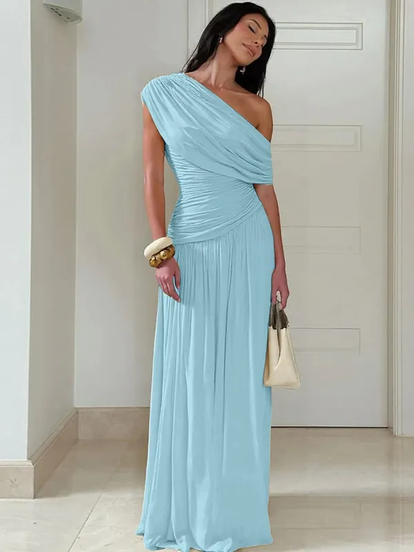 Hugcitar One Shoulder Ruched Sleeveless Solid Pleated Sexy Irregular Y2K Maxi Dress Summer Elegant Party Women Clothes Vacation — image 6