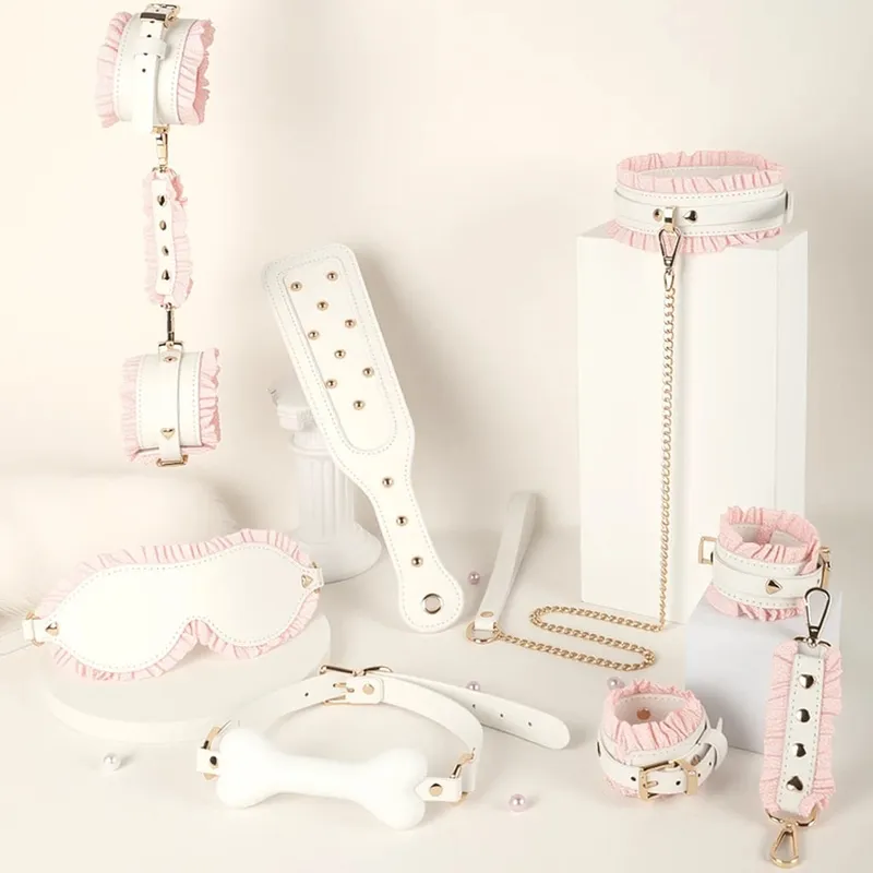6 PCS BDSM Bondage Set White Maid Role Play Restraints Kit SM Fetish Toys Handcuff Slave Collar Blindfold for Couples Sex Games
