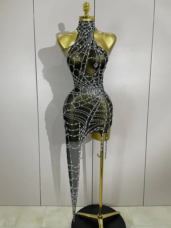 Sparkly Diamond Sexy Mesh Asymmetric Bodycon Mini Dress Women Nightclub Bar Party Show Gogo Dancer Clothing Stage Costume