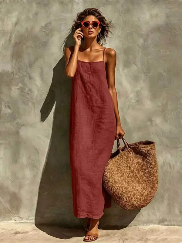 Yaz Kadın Düz Renk Rahat Rahat Kayma Sundress Kum Beachwear Backless Kolsuz Gevşek Maxi Uzun Tatil Elbiseleri — image 11