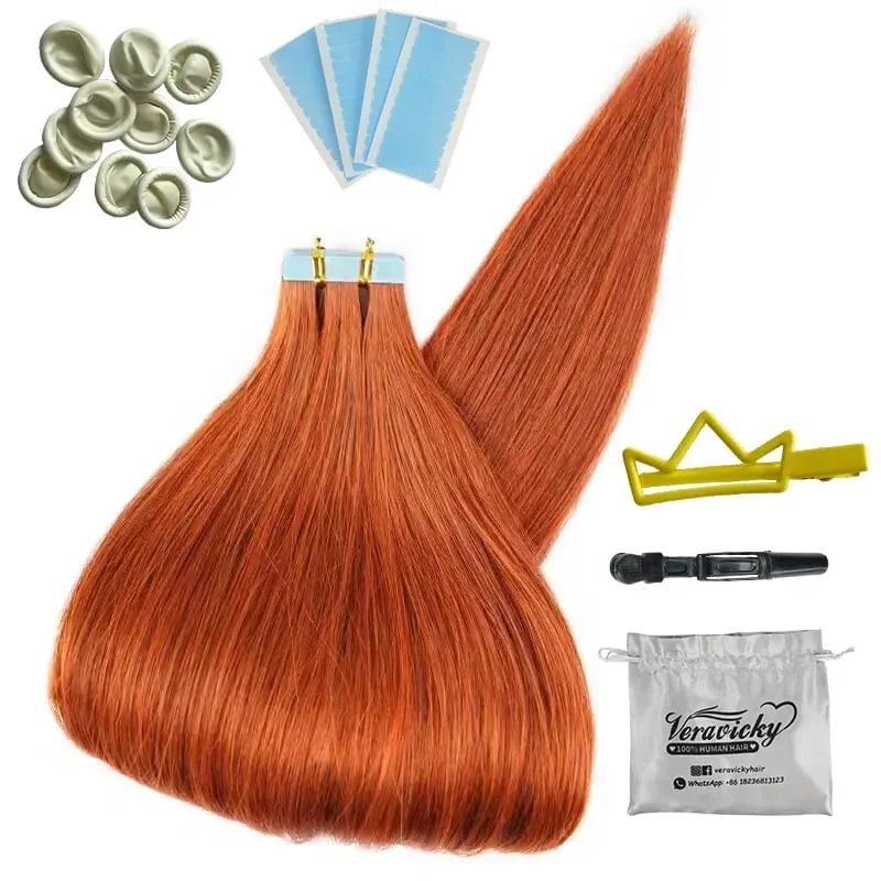 Veravicky cuivre rouge 50G ruban dans les Extensions de cheveux humains peau trame adhésif Invisible Machina Remy sans couture 100% vrais cheveux — image 3