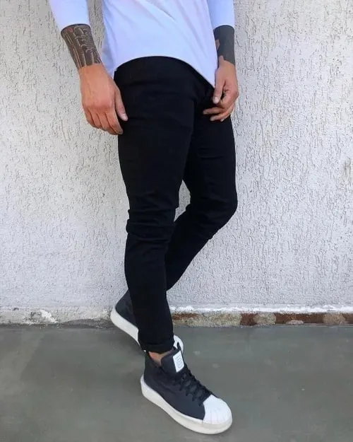 Spring Autumn New Black Stretch Men's Jeans Slim Small Feet Casual Simple Solid Color Male Skinny Denim Trousers Streetwear — image 9