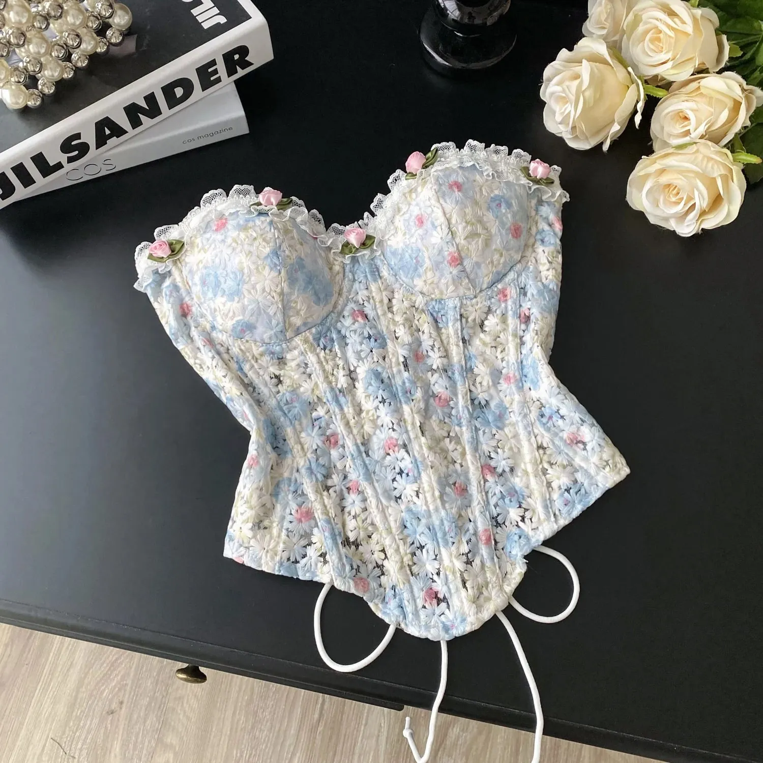 INS Strapless 3D Floral Camisole 2025 Summer Corset Slim Backless Tank Top Sheer Lace Up Holiday Sexy Embroidery Top — image 7