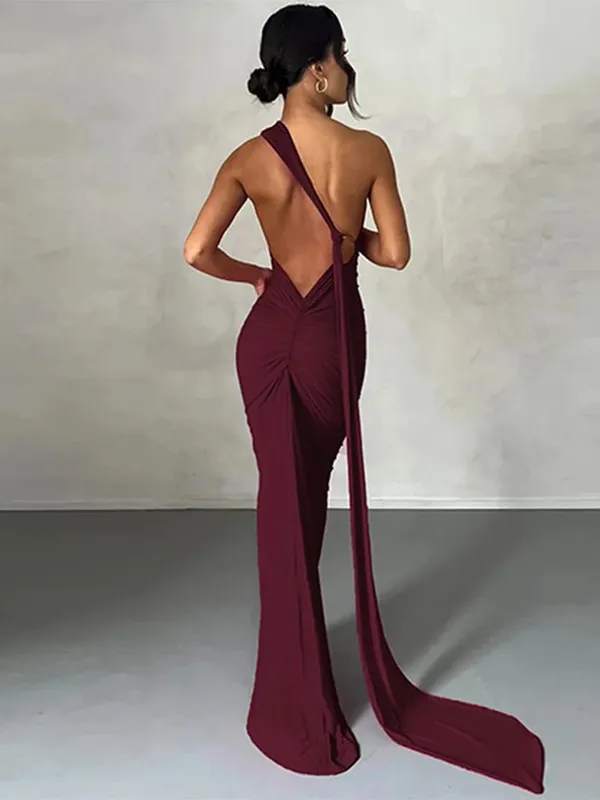 Neon Y2K Clothes One Shoulder Sleeveless Backless Ruched Bodycon Maxi Dresses For Women Club Birthday Party Evening Prom — image 8