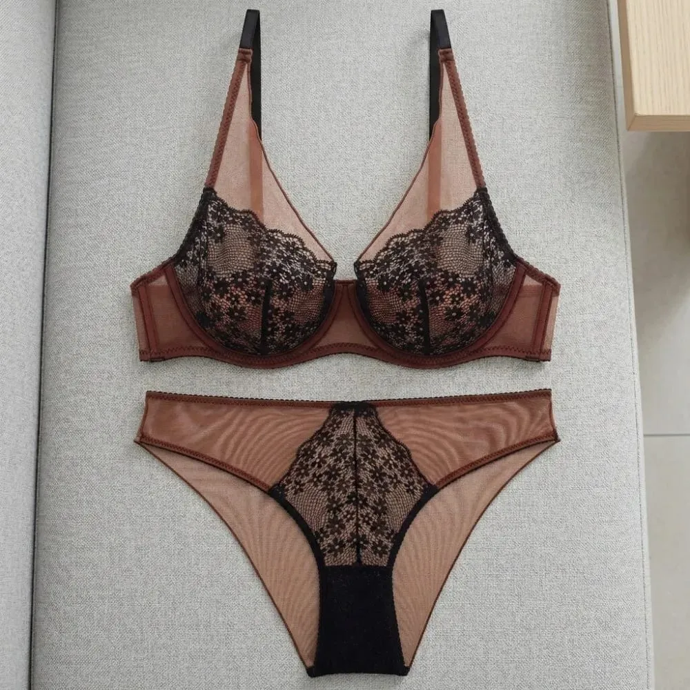 Mesh Lace Flower Bra Set Lingerie Brassiere Push Up Bra Women Thin Underwear Lace Floral Underpants Romantic Evenings