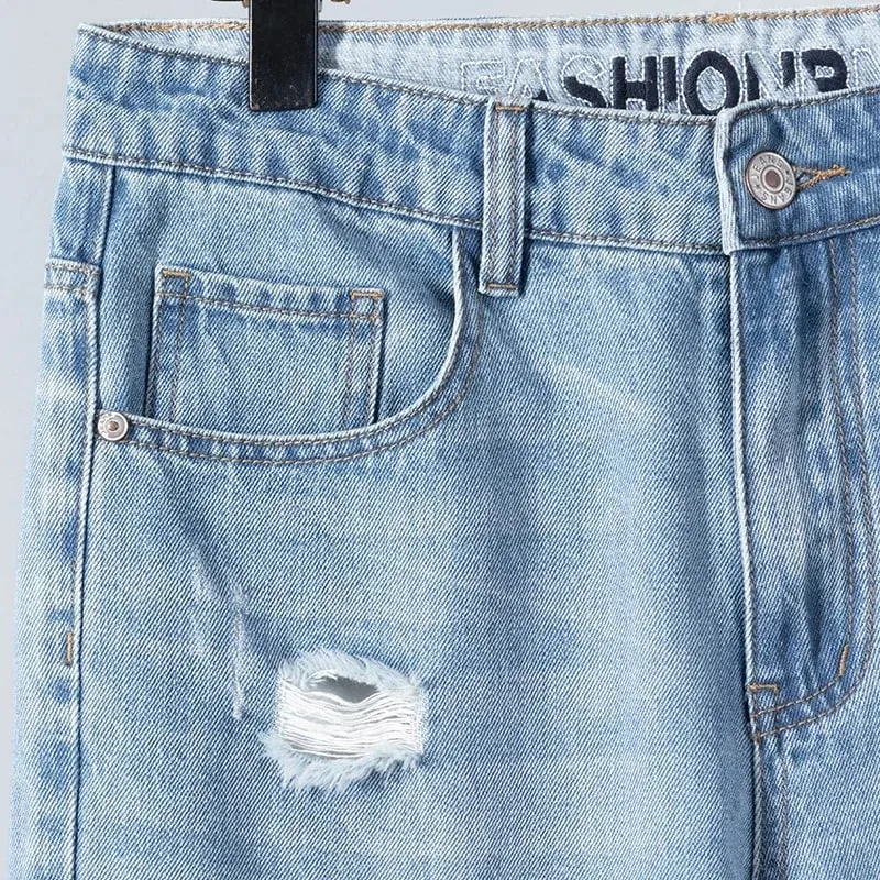 Summer Thin Ripped Jeans Mens Straight Breathable Washed Denim Trousers Casual Streetwear Harlen Ankle Length Pants Light Blue — image 6