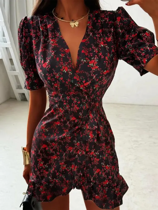 Chic Ruffle Print Slim Short Dress Women Chic Patchwork Flared sleeves V-neck Pleated Dresses 2026 Lady Summer Casual Vestidos — image 17