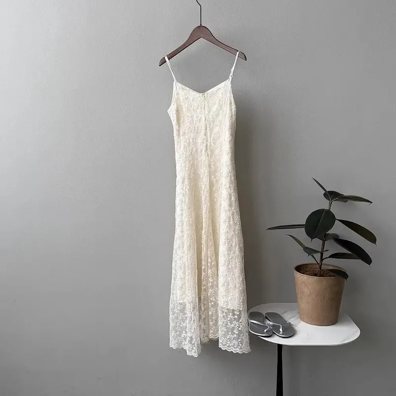 Lace Sling Dress Women Summer New Embroidered Sweet Simple Basic Party Elegant Female Sleeveless Long Dress