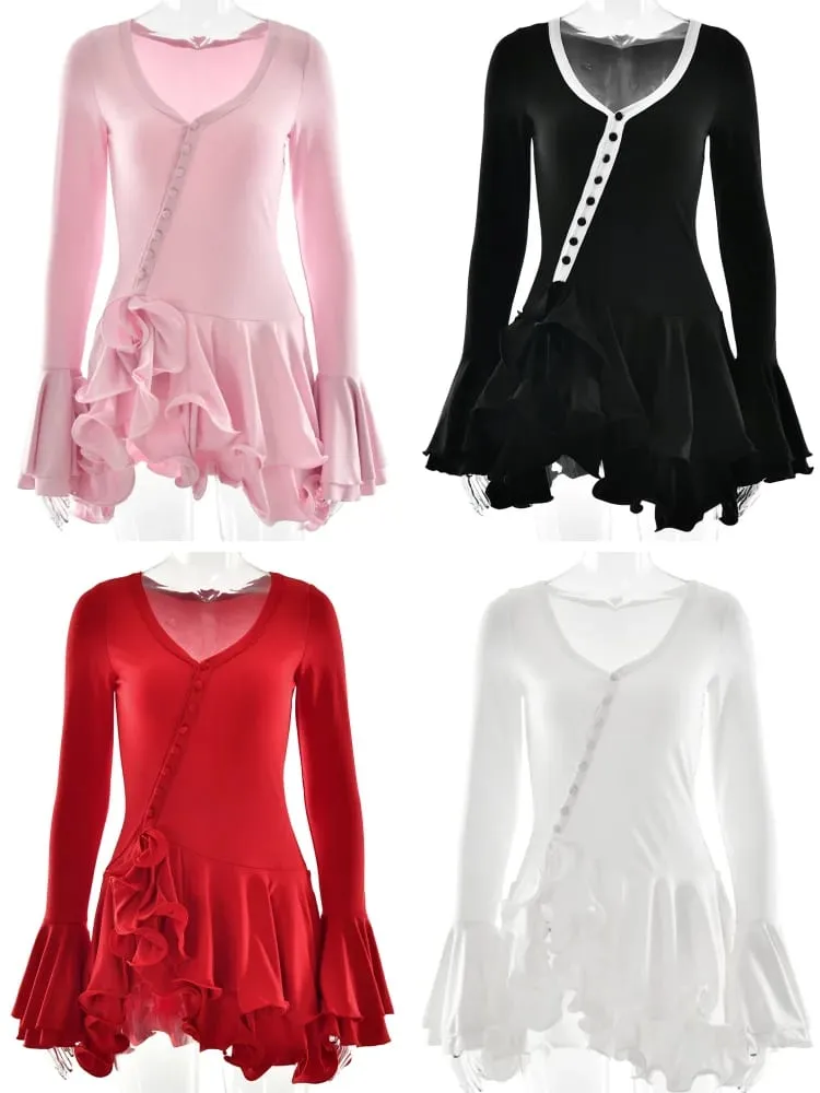 Absobe Women's A-Line Bodycon Mini Dress Ruffle Hem V-Neck Asymmetrical Buttons Long Sleeve Short Dress Party Streetwear Outfits — image 6