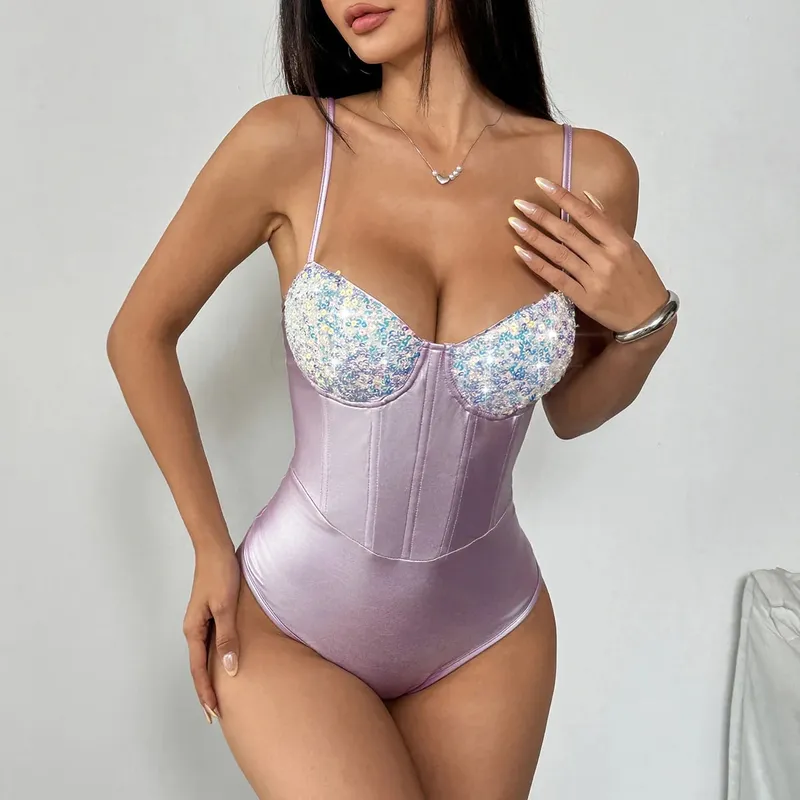 Sleeveless Spaghetti Strap Summer Sequin Underwire Satin Bodysuit Women 2026 Streetwear Sexy Club Outfits One-piece Body Top — image 8