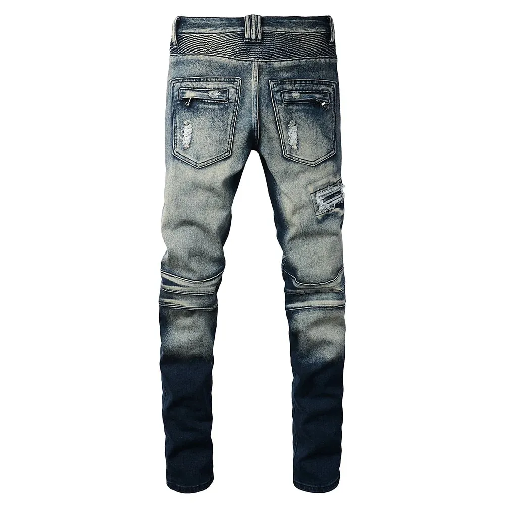 Men's Biker Jeans for Motorcycle Holes Ripped Distressed Patch Pants Stretch Denim Cotton Slim Straight Trousers High Quality — image 2