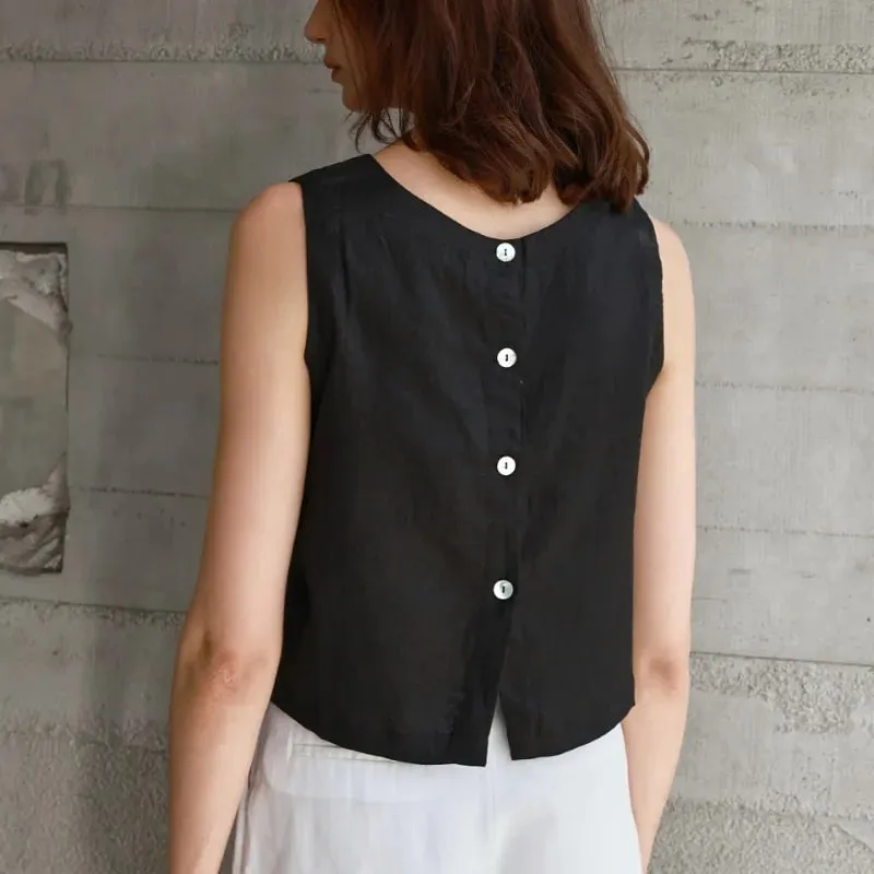 Chic Front And Back Two Wear Women Linen Tank Top 2026 Summer New Casual Short Loose 100% Linen Sleeveless Crop Tops — image 6