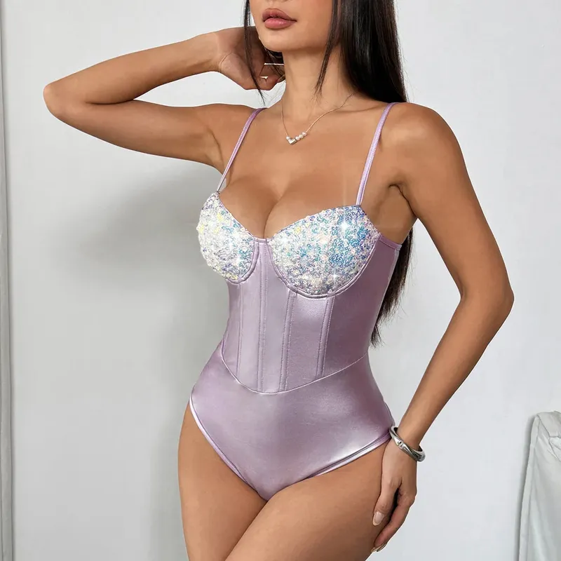 Sleeveless Spaghetti Strap Summer Sequin Underwire Satin Bodysuit Women 2026 Streetwear Sexy Club Outfits One-piece Body Top — image 7