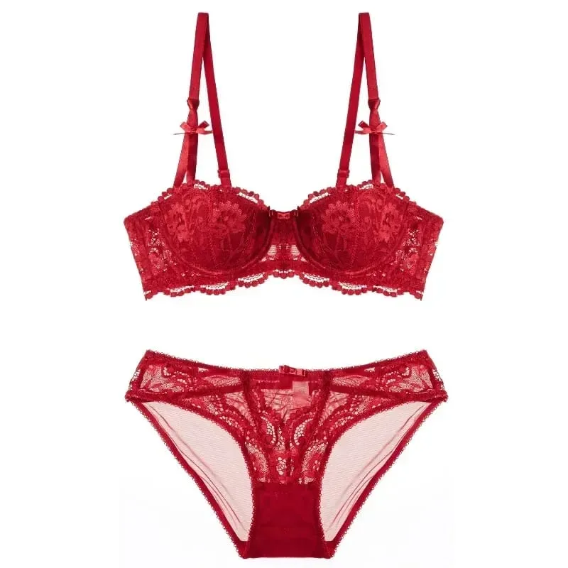 Christmas Lace Bra Set - Black & Red Sheer Bralette Ultra Thin Half Cup Pure Desire Look Tushy Underwear Xmas Party Lingerie — image 3