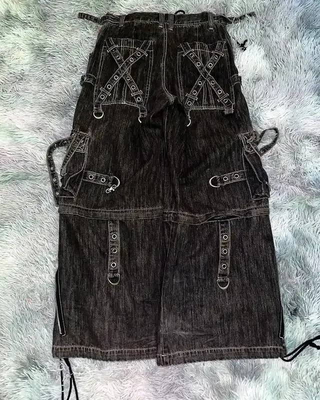 Mens Gothic Punk Cargo Pants with Straps Buckles Black Denim Multi Pocket Streetwear Trendy Urban Fashion Baggy Fit Casual Jeans — image 3