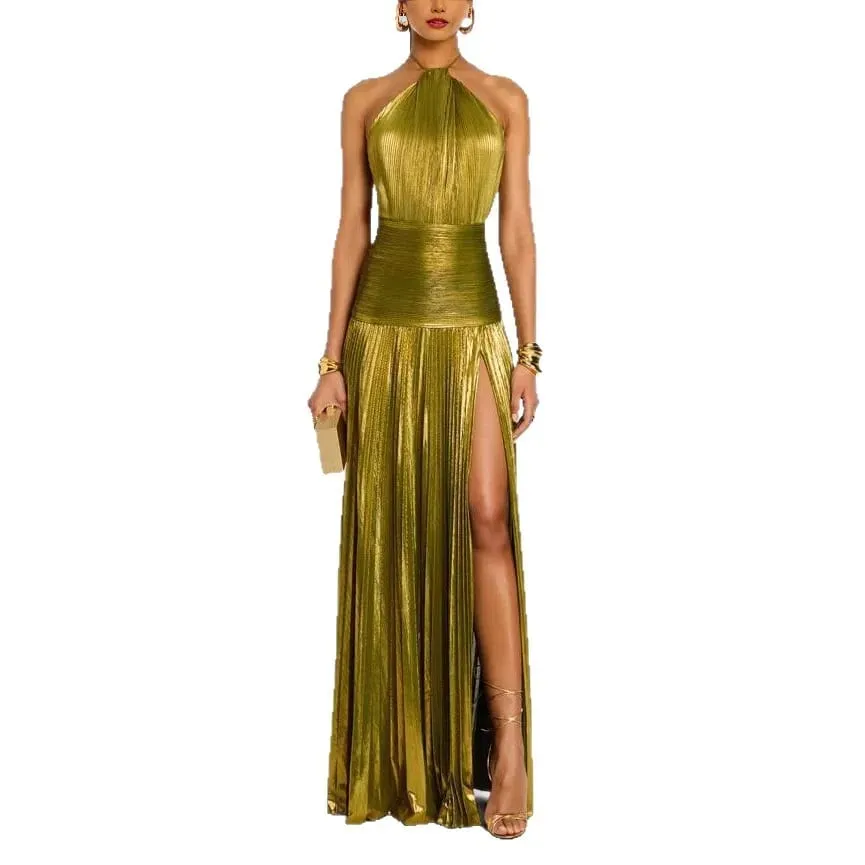 Gold Halter Neck Evening Dress Woman Chic Solid Color Pleated Backless Package Hip Slit Dress Fashion Trendy Lady Party Vestidos