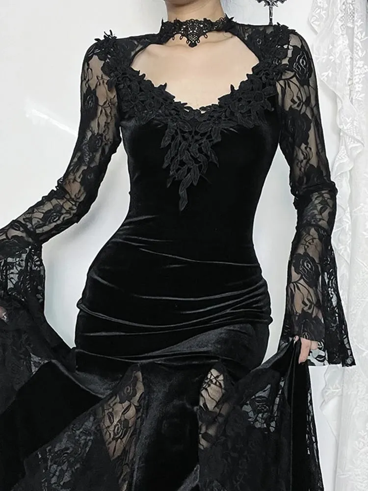 AltGoth Αισθητικό γοτθικό μίντι φόρεμα Γυναικείο Vintage Κομψό δαντέλα Συνονθύλευμα See Through Flare Sleeve ψηλόμεσο Clubwear Femme — image 3