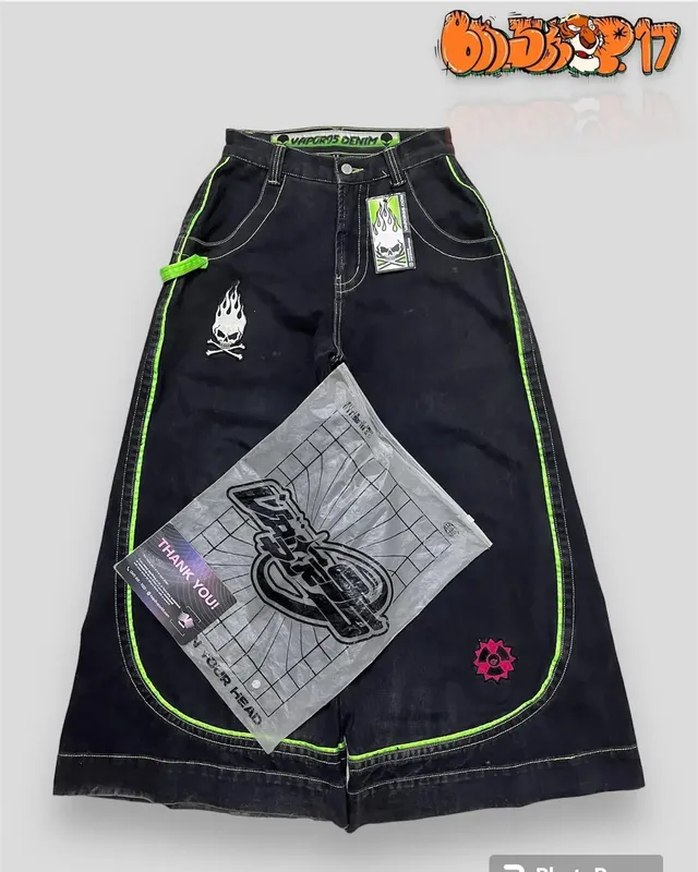 Vintage Men Jeans Gothic High Waist Wide Trouser Harajuku Vapor95 Denim Pants Embroidered Baggy Jeans Streetwear Y2K Jeans