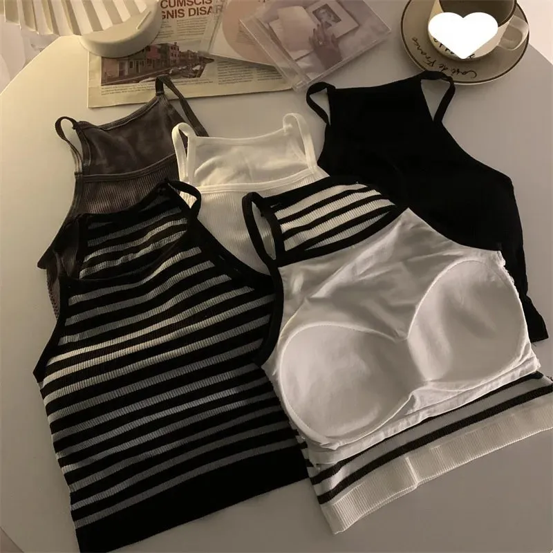 Korean Version Women Tank Tops Thread Solid Casual Fashion Crop Top with Chest Pad Stripe Sleeveless Outer Wear Basic Camisole — image 4