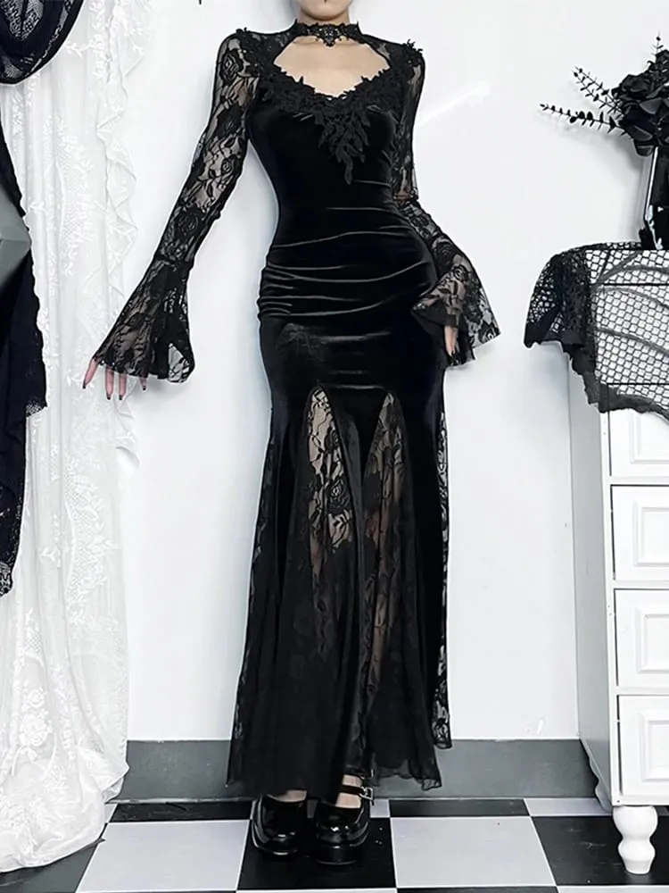 AltGoth Αισθητικό γοτθικό μίντι φόρεμα Γυναικείο Vintage Κομψό δαντέλα Συνονθύλευμα See Through Flare Sleeve ψηλόμεσο Clubwear Femme — image 5