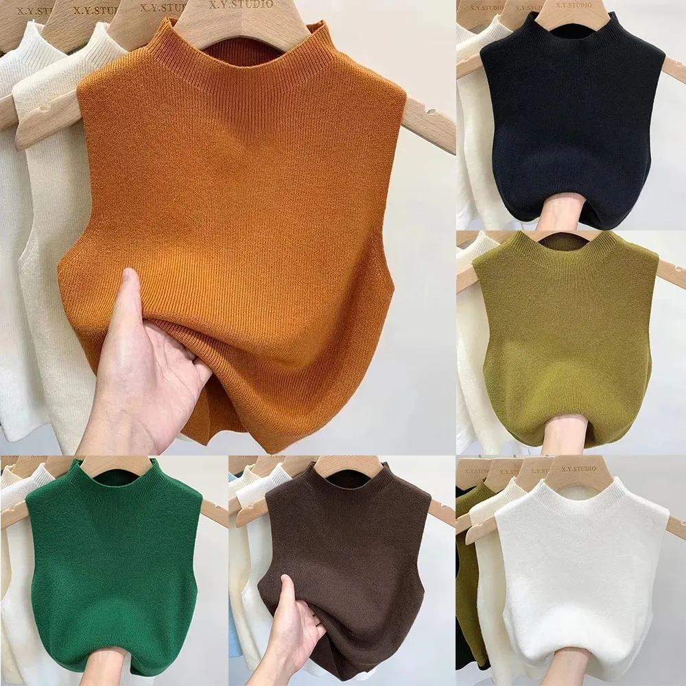 Women's Vest Tank Top Solid Color Knitted Tees Cropped Camisole Sweater Half-turtleneck Spring Autumn Sleeveless топ женский — image 1