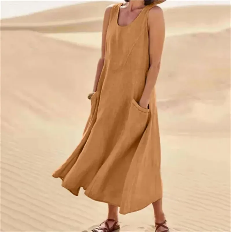 Sleeveless Suspenders Cotton Linen Dress Women Side Double Pocket Splicing Solid Color Dresses Women Summer Casual Commuter Gown — image 13
