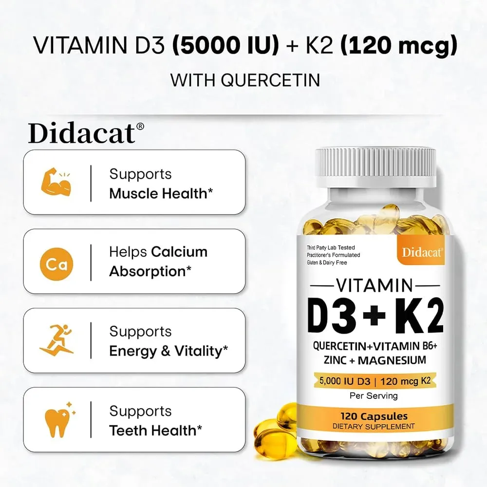 Vitamin D3 5000IU and 120 Mcg Vitamin K2 Capsules for Calcium Absorption Bone Regeneration Immune Support Easy To Melt — image 4