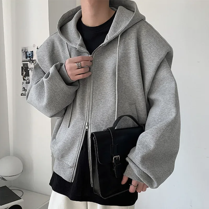 2024 Autumn New Padded Shoulder Design Solid Streetwear Men Double Zip-up Hooded Sweatshirts Harajuku Casual Daily Hoodies — image 4