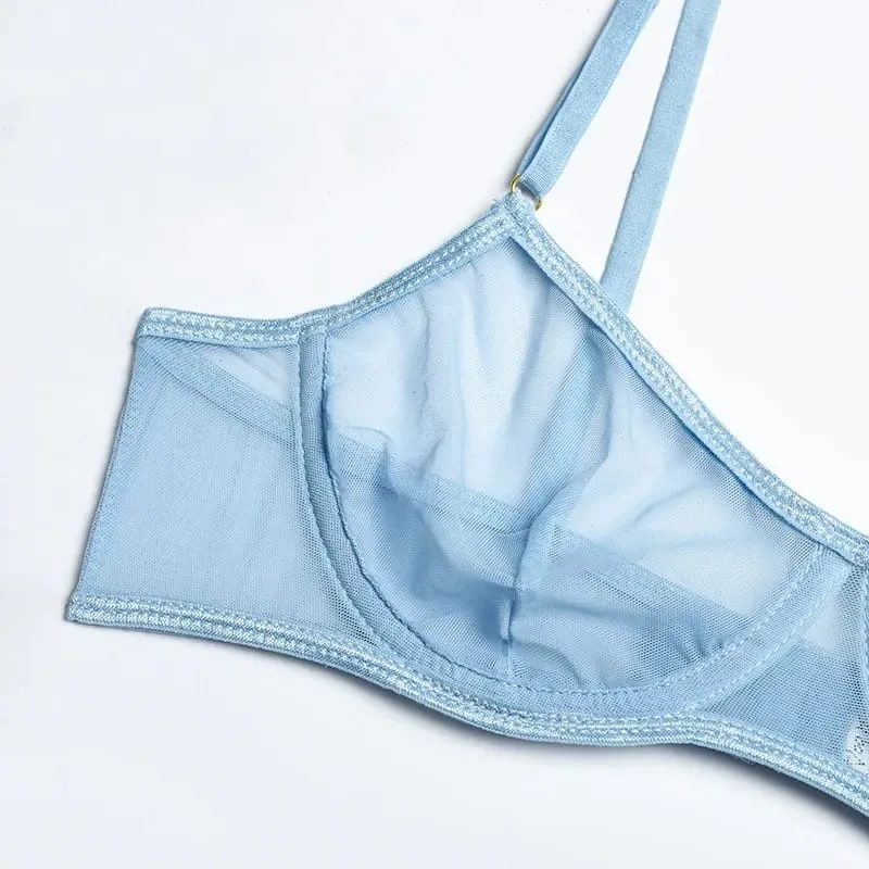 3pcs Ladies Sexy Solid Sensual Lingerie Set Mesh Underwear Women Push Up Bra Garters Brief Sets Transparent Blue Bra — image 2