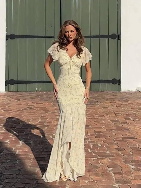 Abito lungo in chiffon con stampa floreale da donna Abito romantico con scollo a V profondo con maniche svolazzanti Abito alto e basso in pizzo 2026 Abito elegante da donna estivo