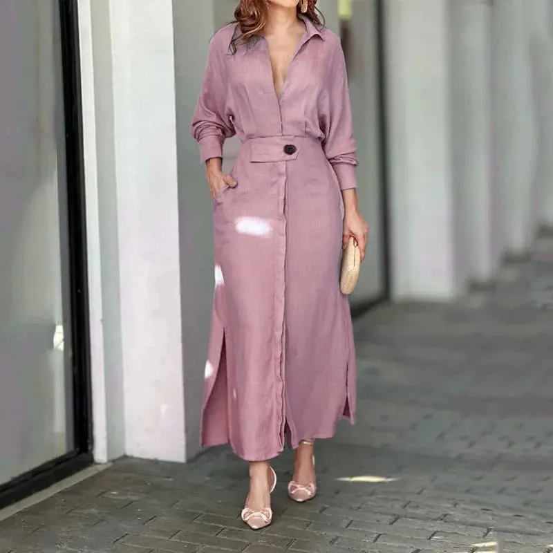 Women's Dress Autumn New Fashion Elegant Long Sleeve Leisure Solid Color V Neck Sexy Ladies Shirt Dresses Commuting Streetwear — image 9