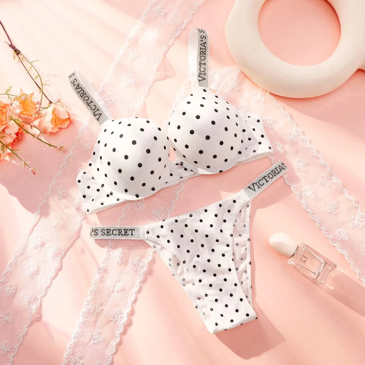 Victoria Secret Sexet Lingeri Nattøj Plus Size Komfortabel Luksus Nye Kvinder Polka Dot Blonde Push Up BH og trusser sæt — image 3
