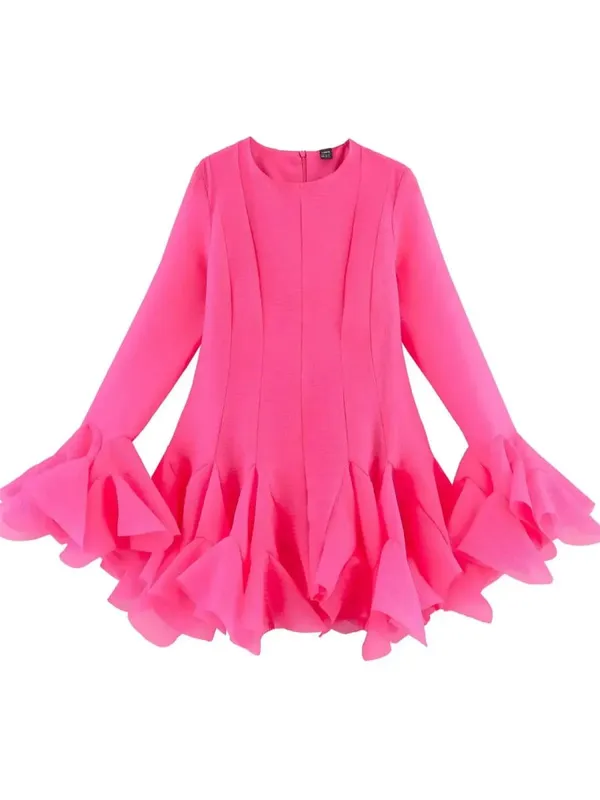 2026 Summer Women's Elegant Multi-Layered Ruffled Hem Mini Dresses Lady Sweet French Style Long Flare Sleeve Slim Fit Puffy Robe