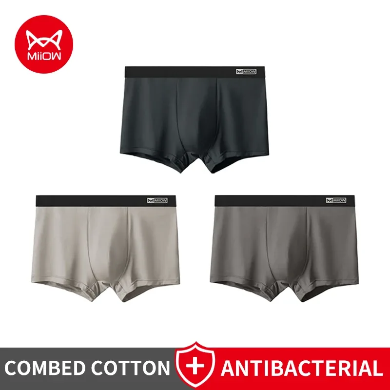 MiiOW 3Pcs Cotton Men Underwear Antibacterial Crotch Men's Panties Breathable Man Underpants Solid Comfortable Mens Boxer Briefs