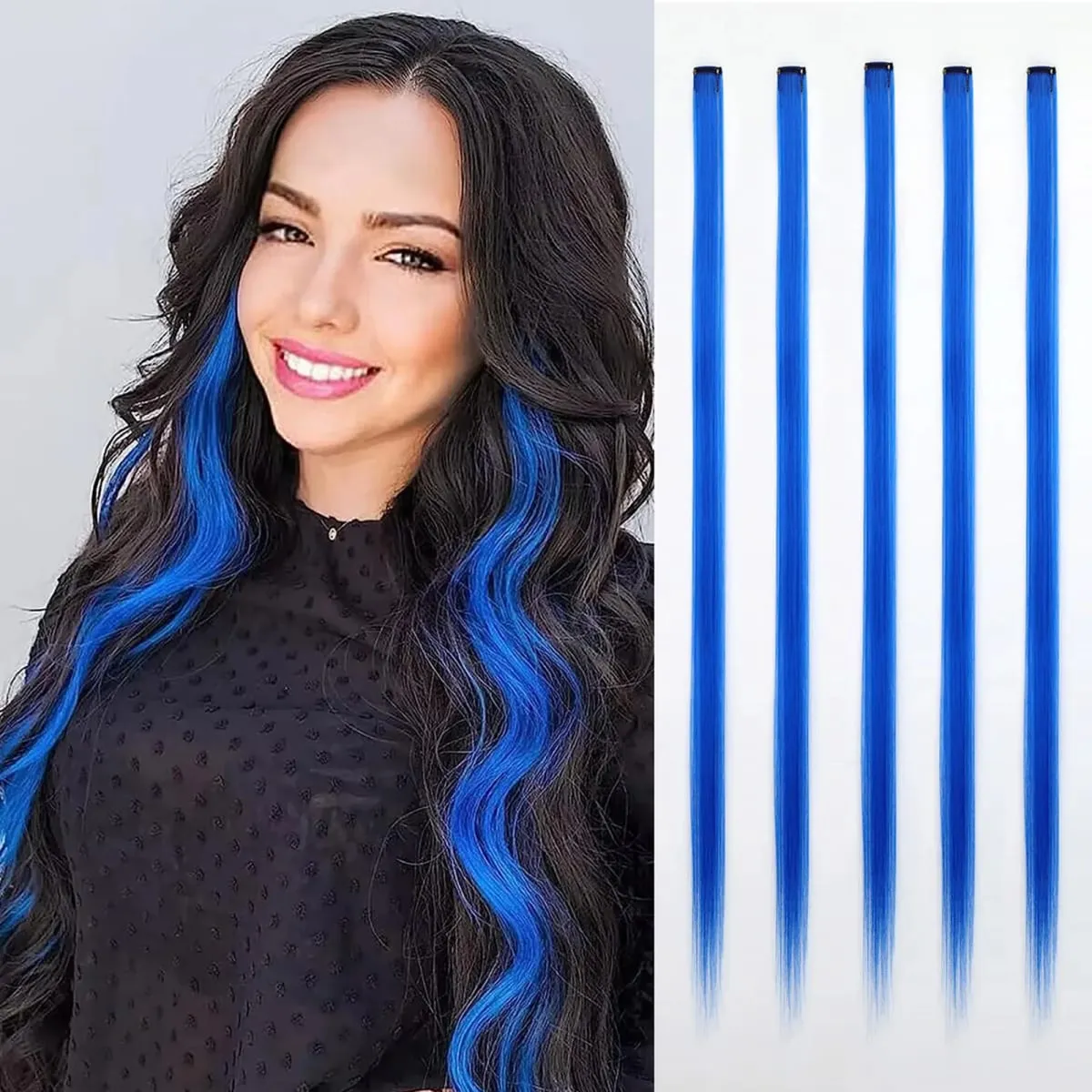 Synthetic 5PC Colored Hair Extensions 22Inch Straight Clip in Christmas Extension Rainbow Party Highlights Hairpiece for Girls — image 11