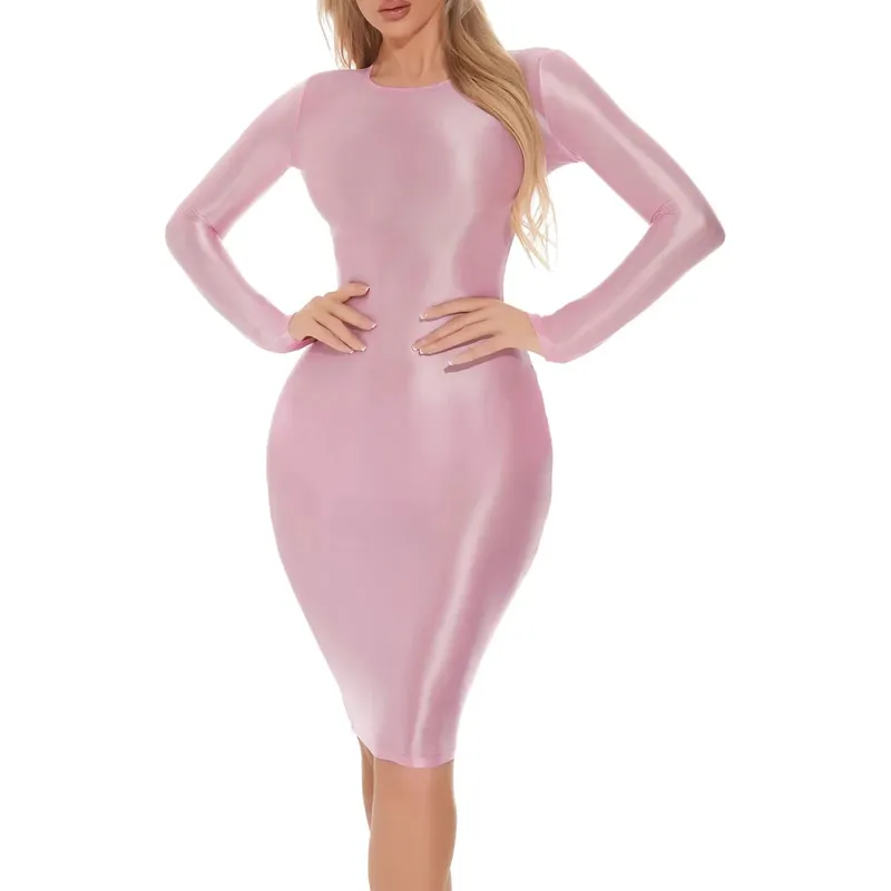 Women's Oil Glossy Long Sleeve Bodycon Dress Smooth Solid Color Round Neck Hip Wrap Tights Pencil Dress Rave Party Clubwear