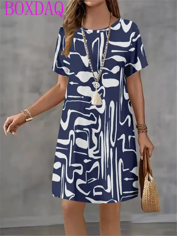 2025 New Women's Dresses Graphic Print Elegant Beautiful Mini Dresses Female Summer Loose Short Sleeve O-Neck Print A-Line Dress