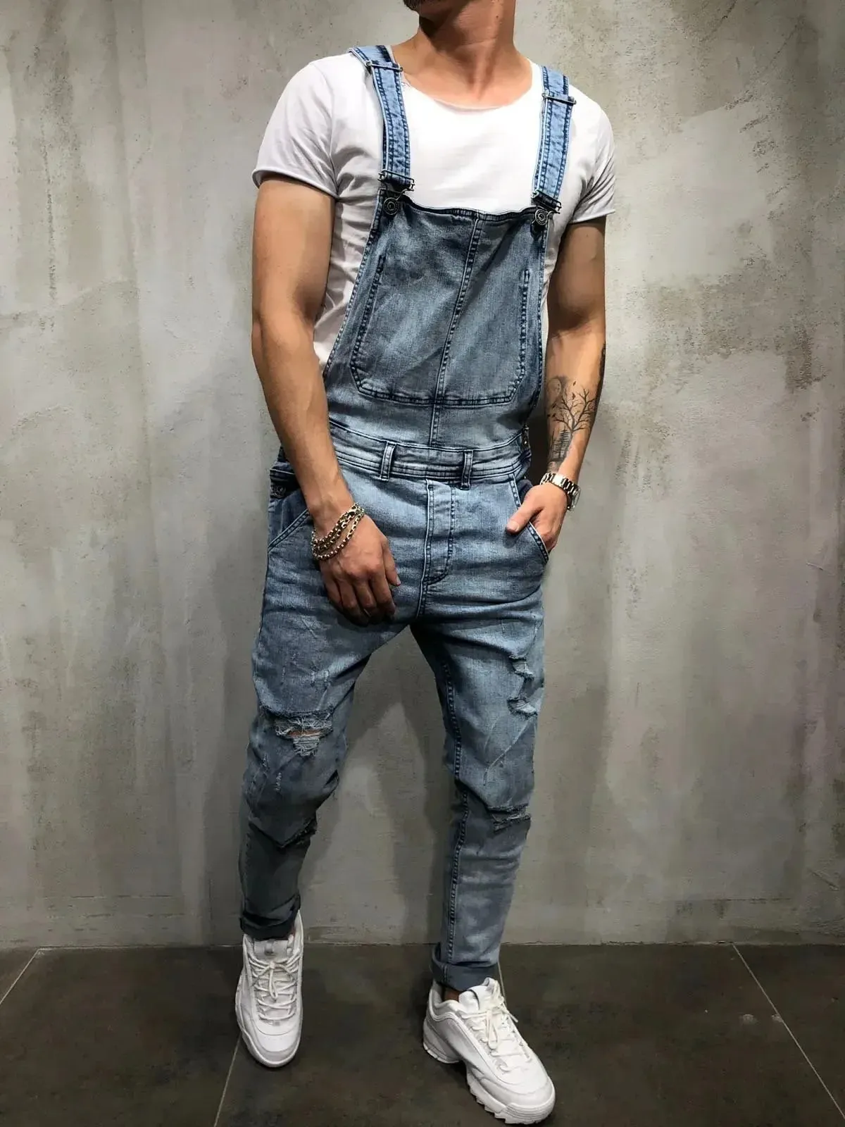 Men Jeans Jumpsuits Denim Overalls Distressed Pockets One Piece Pencil Pants Solid Washed Ankle Length Safari Style Spliced