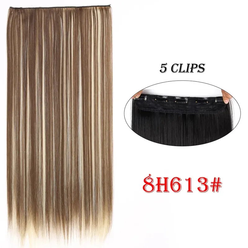 One Piece Clip In Hair Extensions 24" Straight Thick Synthetic Clip In Hairpieces Highlights Black Brown Soft For Women Daily