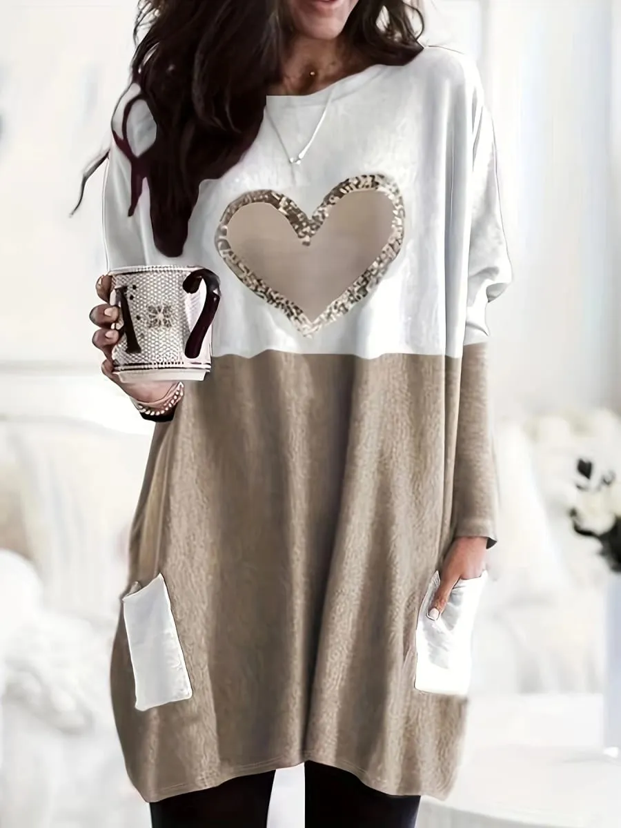 2024 Plus Size Europe And The United States Autumn Love Printed Round Neck Loose Color Contrast Long Sleeve T-Shirt Women — image 2